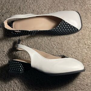 White Slingback Block Heel Pumps with Black Polka Dot Accent